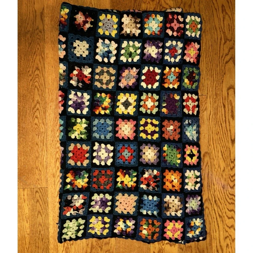 VTG 60's Colorful Granny Square Crochet Afghan Blanket Wool 41